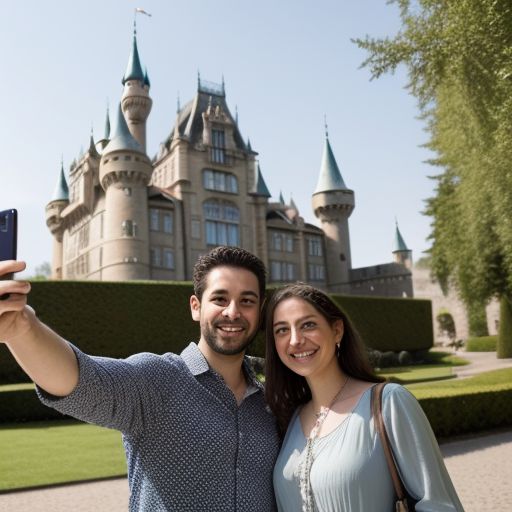 A couple taking a selfie in front of a castle or a Renaissance-style building.