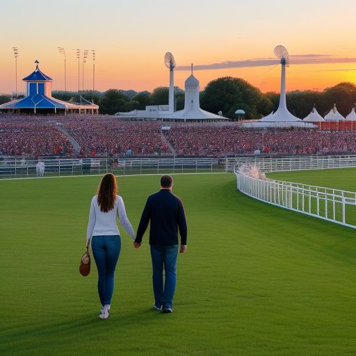 A final shot of a sunset over the fairgrounds, with couples walking away after a fun day. 