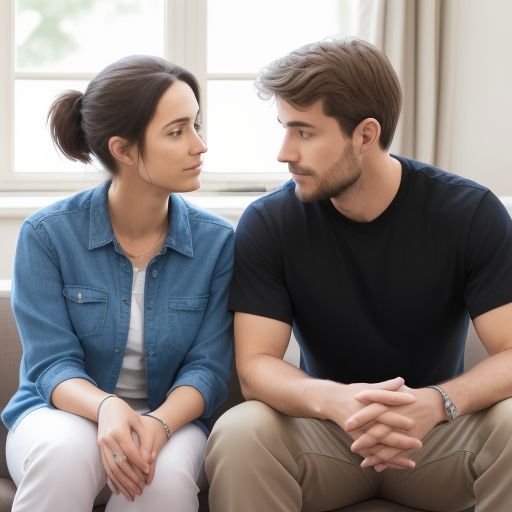 A couple sitting together, with one partner listening while the other talks, representing emotional support in stressful times.**