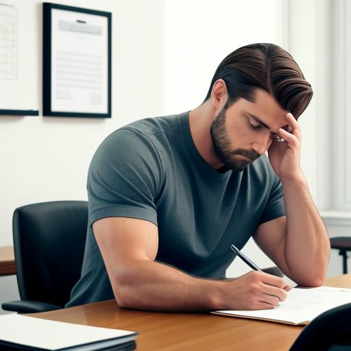 A man sitting at a desk, holding his head in frustration due to work stress.