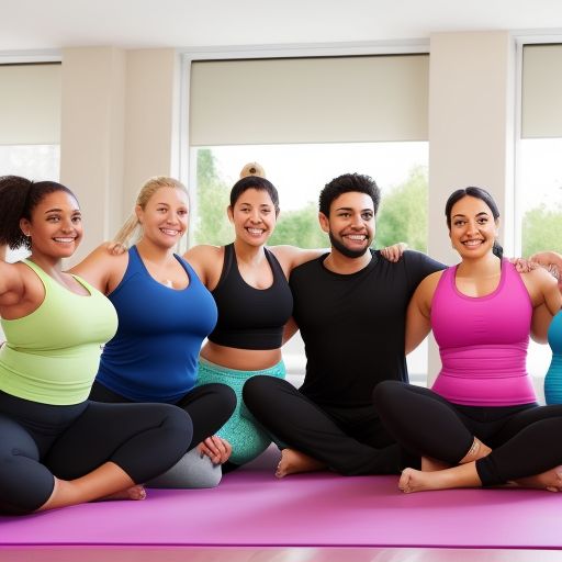 A friendly group of yoga practitioners in a class, chatting or smiling after a session, showing the community feel of gym yoga classes.