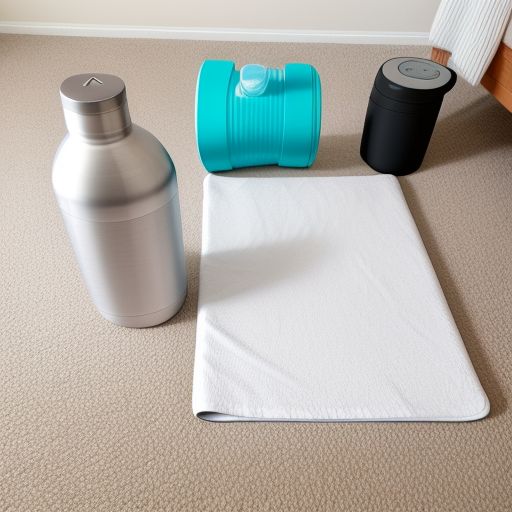 yoga mat and towel, along with a set of yoga socks and a water bottle, representing useful accessories for a complete yoga session.