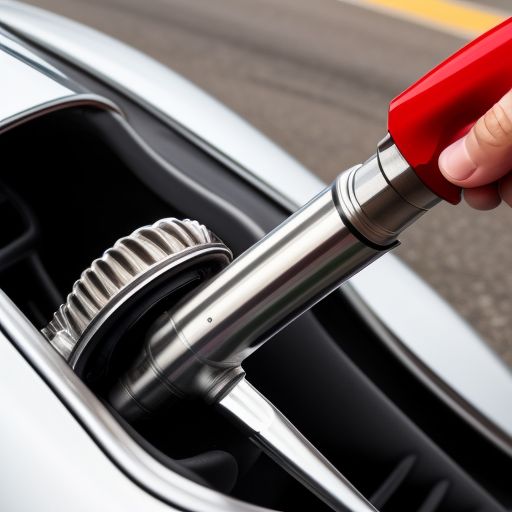 A close-up view of a racing fuel nozzle being inserted into a high-performance car, illustrating the use of racing fuel during a race